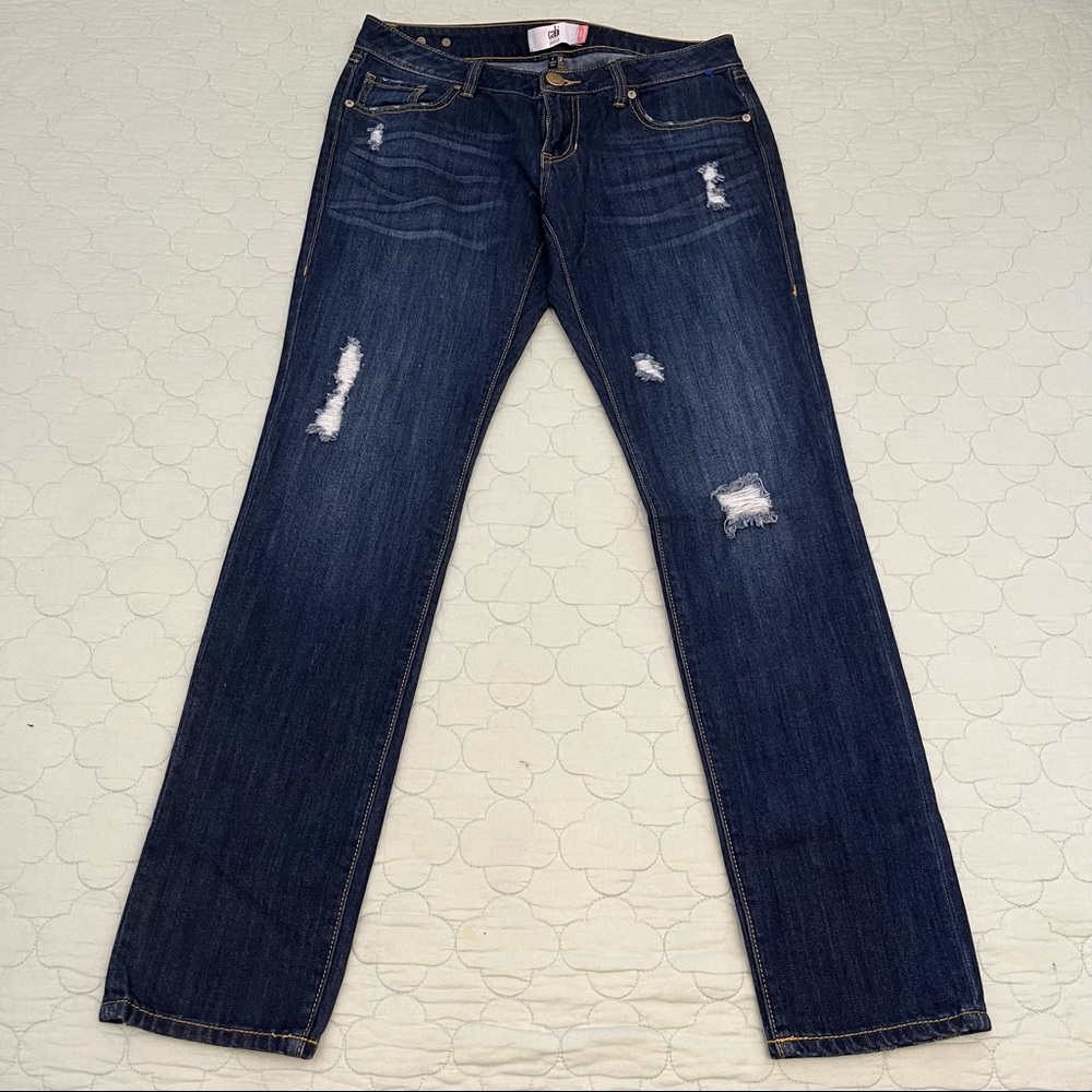 CAbi Distressed Dark Wash Midrise Cotton Stretch Skinny Boyfriend Jeans — 4